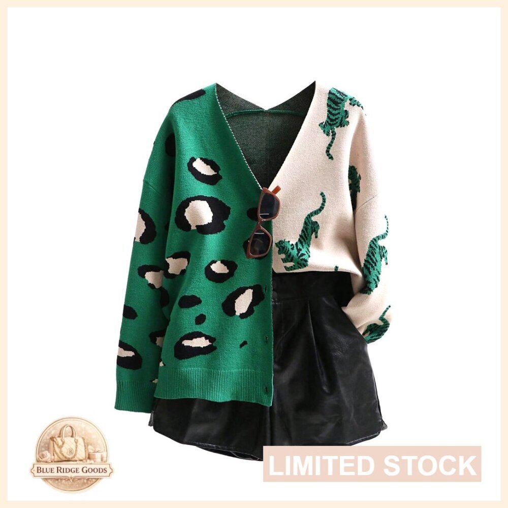 Leopard Tiger Print Cardigan V Neck Long Sleeve Button Down Sweater